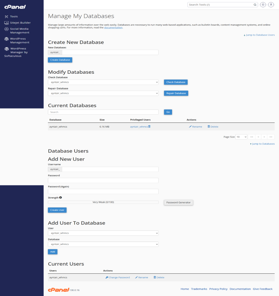 ساخت دیتابیس جدید و کاربر آن در بخش Manage My Databases سی پنل